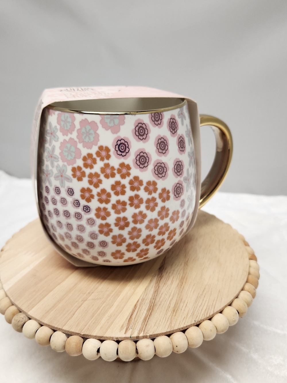 Floral Ceramic Mug with Gold Handle - Pink, Brown & Mint